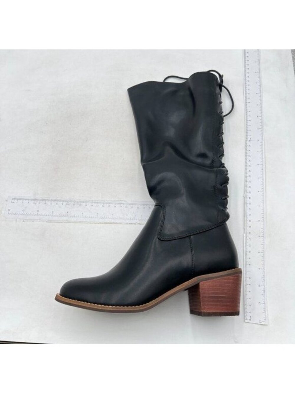 Womens Knee High Chunky Heel Boots Pointed Toe Side Zipper Boots Black